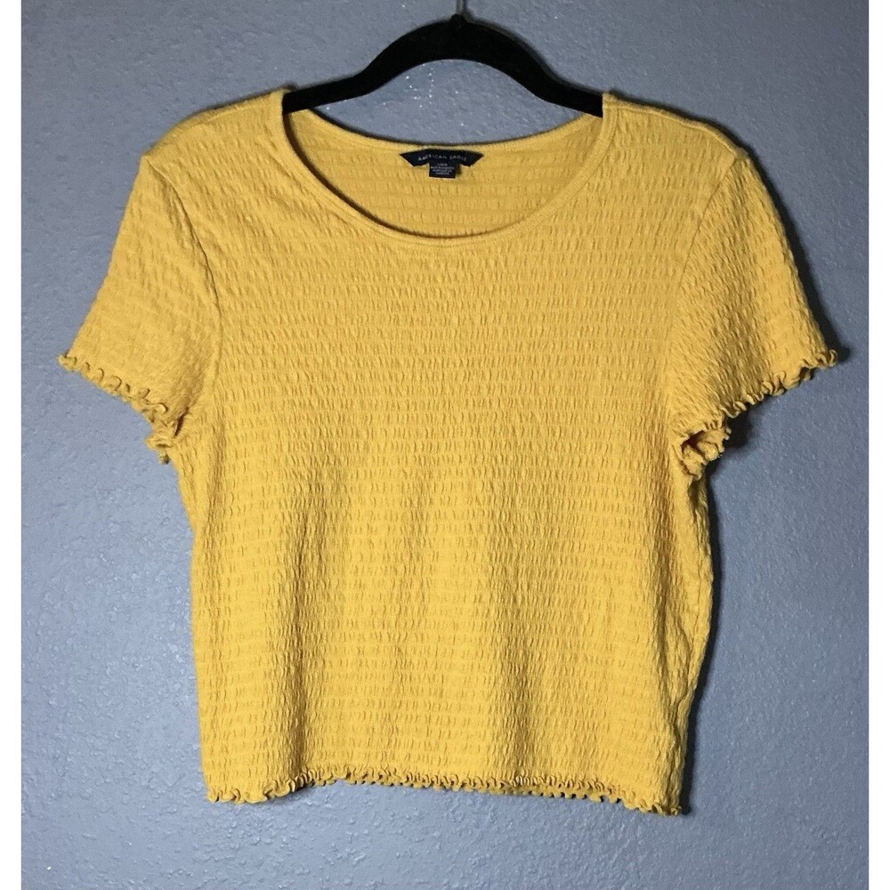 American Eagle Smocked Runched Tee Size Large Lettuce Hem Baby Tee Stretch